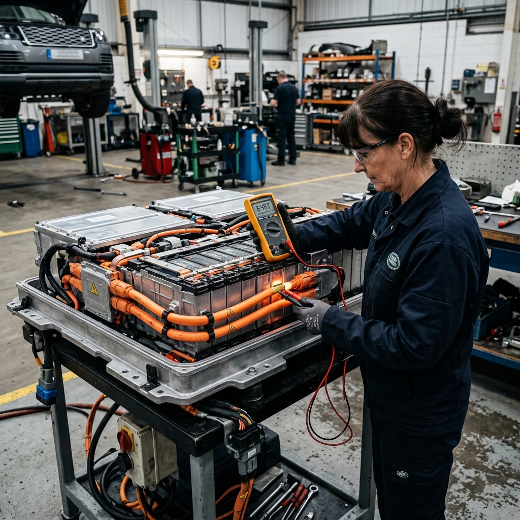 Land Rover hibrit batarya sağlığı ölçümü ve yüksek voltaj izolasyon testi uygulaması.