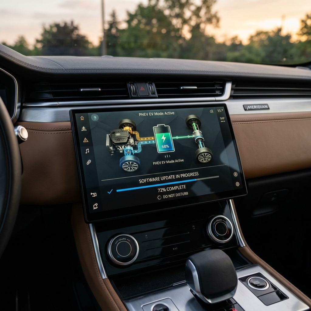 Land Rover Pivi Pro yazılım güncellemesi ve hibrit enerji yönetimi ekranı görünümü.